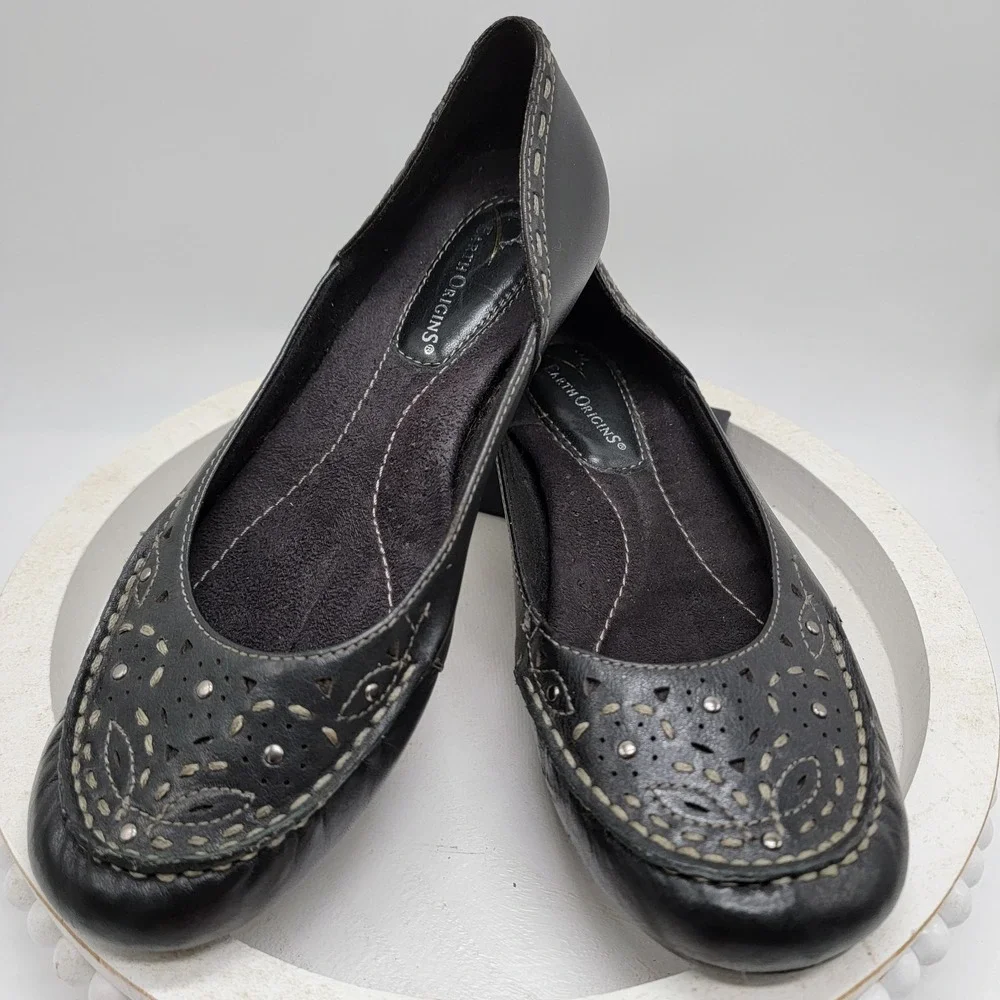 Earth Origins Shoes Womens Sz 6.5 Black Natalie2 Leather Slip-On Ballet Flats